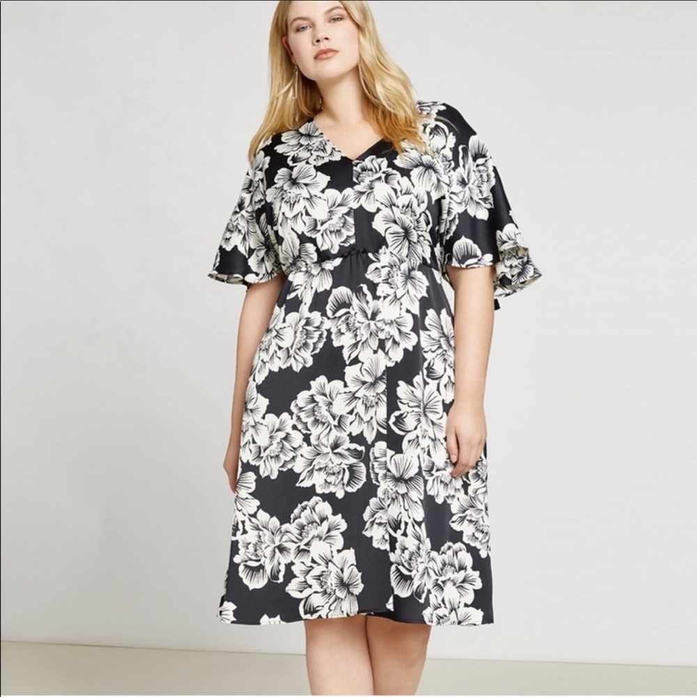 Eloquii Black and White Floral Midi Dress Bold Print